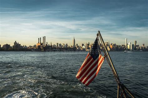 American Flag New York Skyline Citiview Manhatten with Empire St Stock Photo - Image of water ...