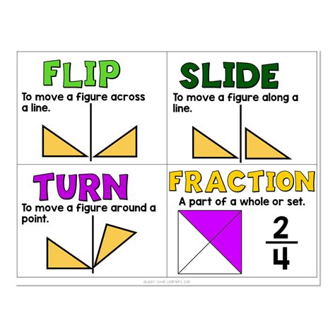 Math Vocabulary Cards - Geometry - flip, slide, turn, fraction - Lucky Little Learners