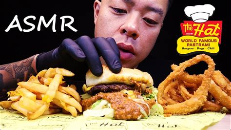 THE HAT CHILI CHEESEBURGER WITH ONION RINGS & FRIES **SATISFYING BIG BITES**| ASMR_CRAVINGS ...