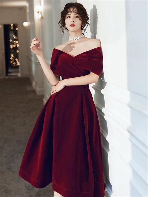 Wine Red Velvet Tea Length Homecoming Dress, Dark Red Party Dresses ...