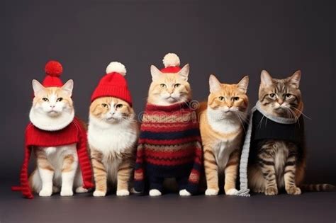 Funny Group of Cats in Christmas Outfits in Studio Group Shot. Manlike Humanised Animals in ...