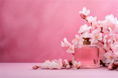 Premium AI Image | Perfume bottle with flowers on a pink background