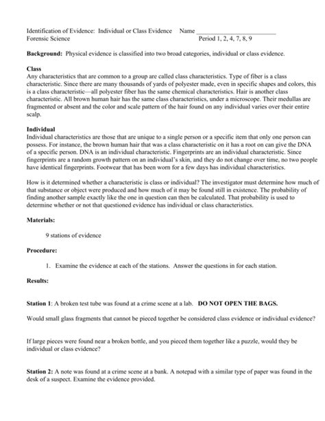 Identification of Evidence: Individual or Class Evidence Name