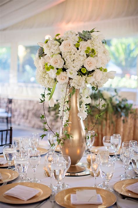 Romantic Floral Centerpieces in Gold Vases