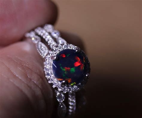 Black opal bridal set, opal halo ring, opal engagement ring, black fire opal ring, black opal ...