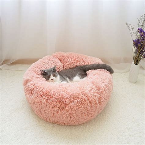 Soft Long Plush Cat Bed House Round Pet Cat Cave Pet Dog Bed Winter Warm Sleeping Bed For Small ...