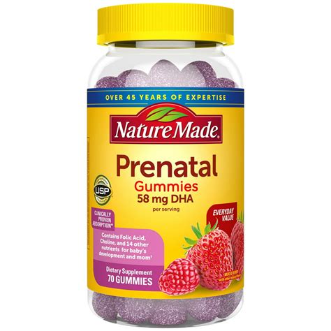 Nature Made Prenatal Gummies with 58 mg of DHA and 100% Daily Value of Folic Acid, 70 Count to ...