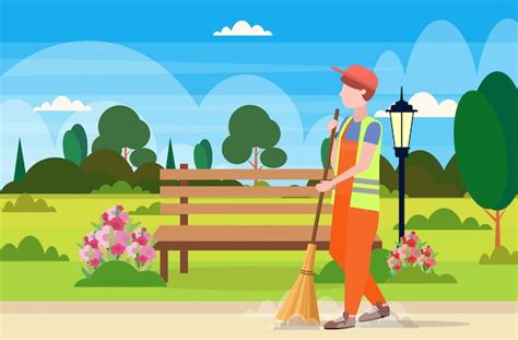 Premium Vector | Male street cleaner holding broom man sweeping garbage ...