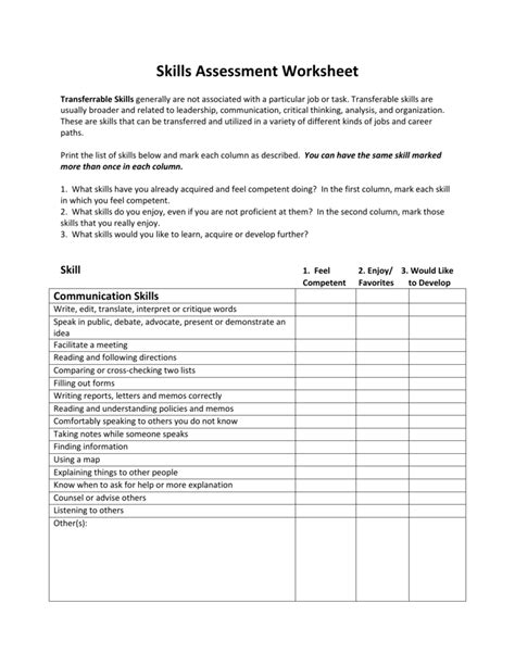 Job Skills Assessment Worksheet – Pro Worksheet