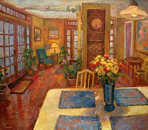 An original oil painting of the yellow kitchen interior with flowers in the vase, by Connecticut ...