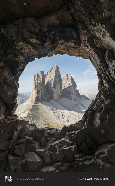 View from war tunnel, via ferrata to the Paternkofel, north walls of the Three Peaks, Sesto ...