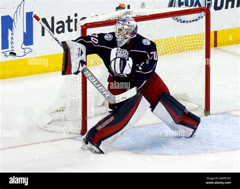 Columbus Blue Jackets goalies Joonas Korpisalo, of Finland, stops a ...