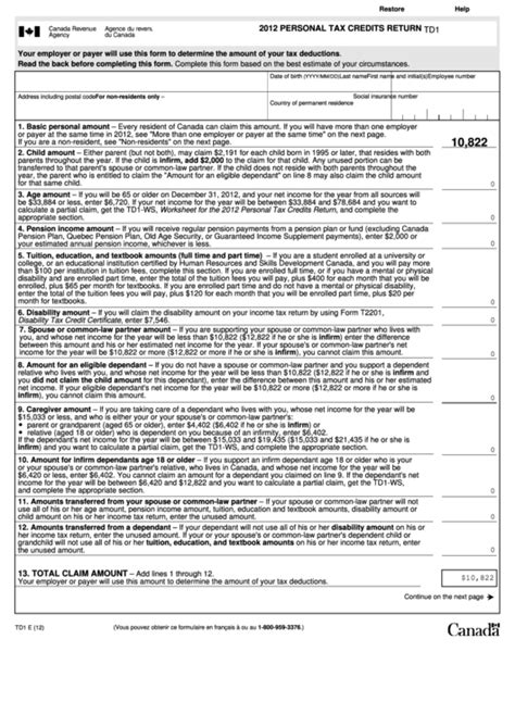 Fillable Form Td1 - Personal Tax Credits Return - 2012 printable pdf ...