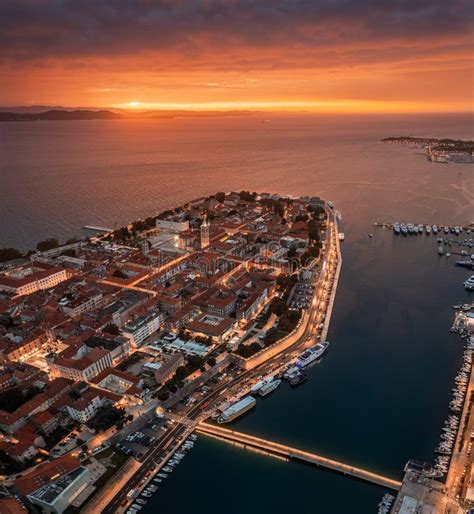 Zadar, Croatia - Aerial Panoramic View of the Old Town of Zadar with Colorful Dramatic Sunset ...