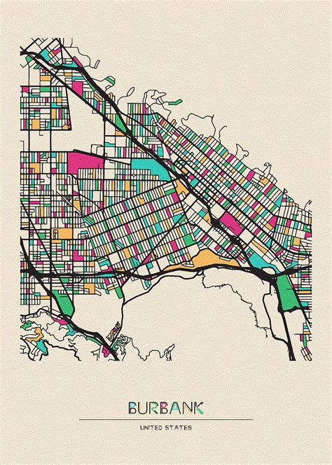 Burbank, United States City Map Drawing by Inspirowl Design - Fine Art ...