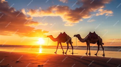 Premium AI Image | Silhouette of Camels at Sunset on the Beach