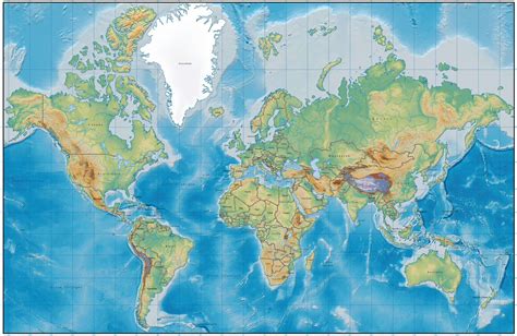 World Map with Land and Ocean Terrain with Country Names in French