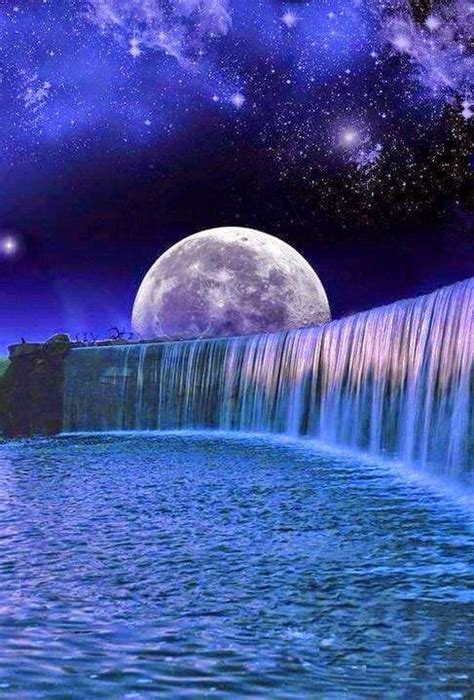 Night time waterfall | Beautiful moon, Moon pictures, Moon