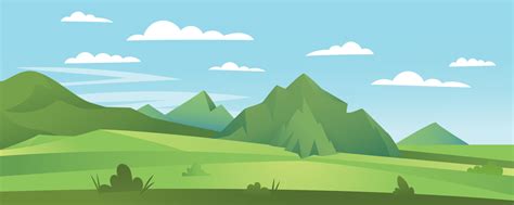 Cartoon flat panorama of spring summer beautiful nature, green grasslands meadow with mountains ...