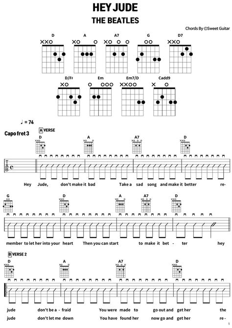 Hey Jude Easy Guitar Chords Chart ㅣ 헤이쥬드 쉬운 기타 코드악보 비틀즈 Beatles ...