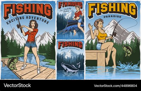 Set of vintage fishing posters with pin up girls Vector Image