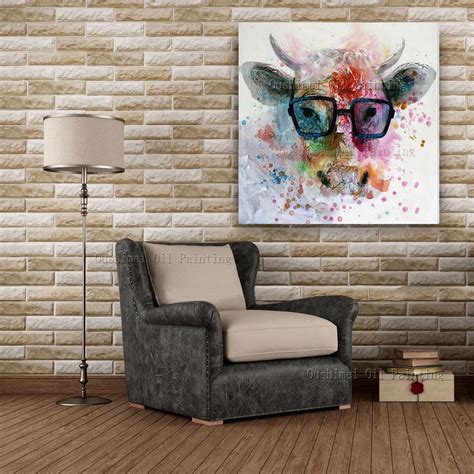 Handmade Animal Oil Painting Hang Paintings Modern Cartoon Abstract Cow Picture For Living Room ...