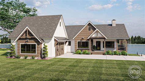 1 Story Modern Farmhouse Style Lake House Plan with Two Main