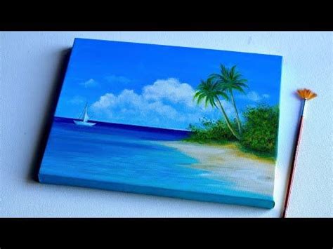 an acrylic painting of a tropical beach with a sailboat and palm trees