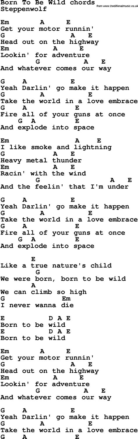 Song Lyrics with guitar chords for Born To Be Wild | Guitar chords, Guitar chords for songs ...