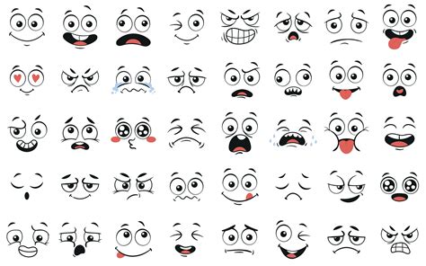 Cartoon faces. Expressive eyes and mouth, smiling, crying and surprised ...