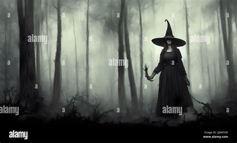 Abstract witch in a scary dark forest, halloween concept. Digital art ...