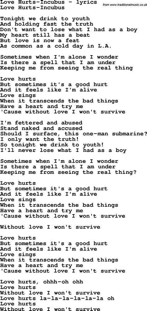 Love Song Lyrics for:Love Hurts-Incubus