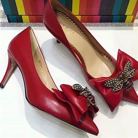 Gucci Women Leather Mid-Heel Pump with Bee Shoes Red - LULUX