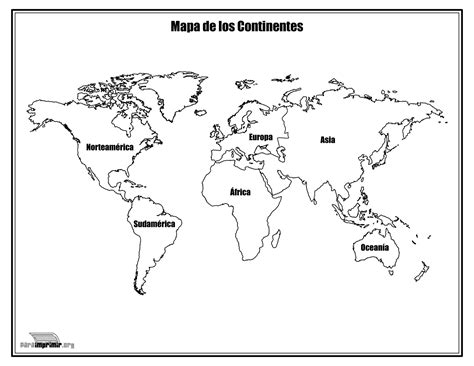 Mapa de los continentes con nombres para colorear y para imprimir en PDF 2024