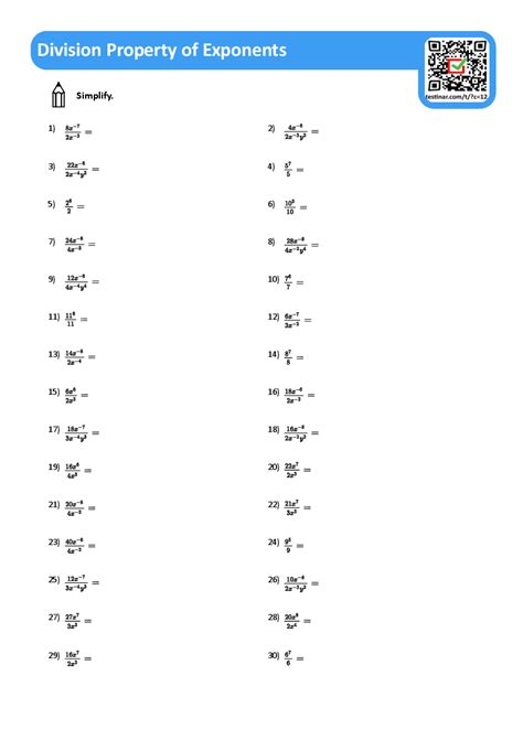 Division Property of Exponents worksheets