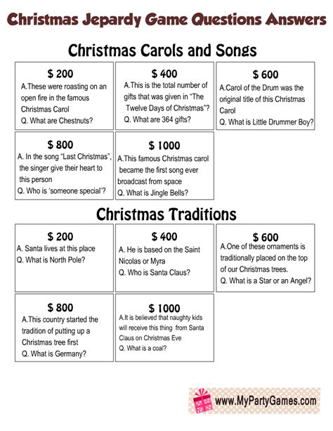 Free Printable Christmas Jeopardy Game Board and Question Cards