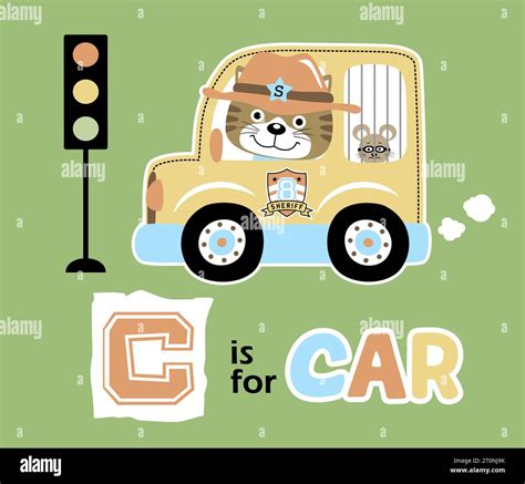 vector cartoon of funny cat the sheriff, driving prisoner vehicle catch with a criminal mice ...