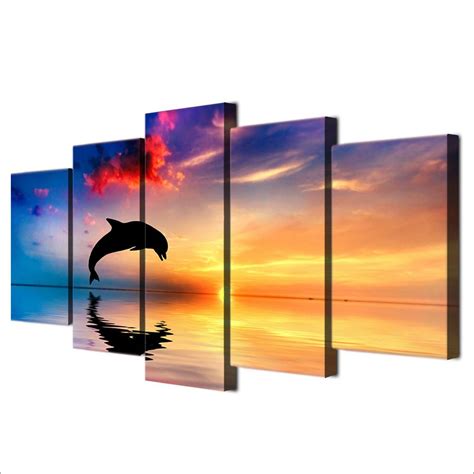 Sunset Dolphin – Ocean 5 Panel Canvas Art Wall Decor – Canvas Storm