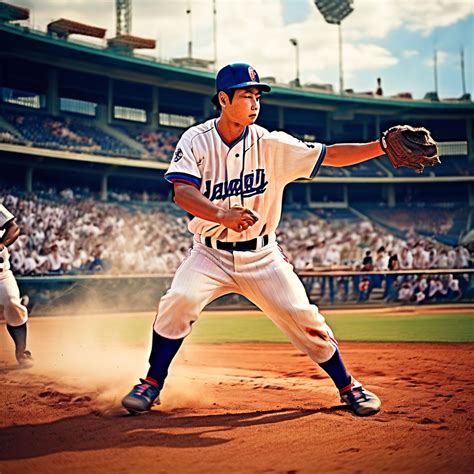 Japanese baseball players captured mid-action on a professio... by ...