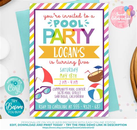 Invitations Paper Editable Pool Invitation Digital File Pool Template ...