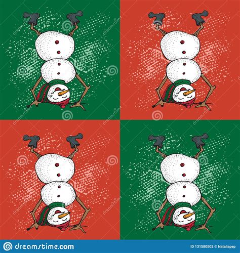 Pattern with Funny Snowman Upside Down in Cartoon Style. Cute Winter Holiday. Black Line Ink ...