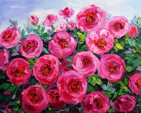 Pink Rose Oil Painting Garden Flower Textured Palette Knife | Etsy ...