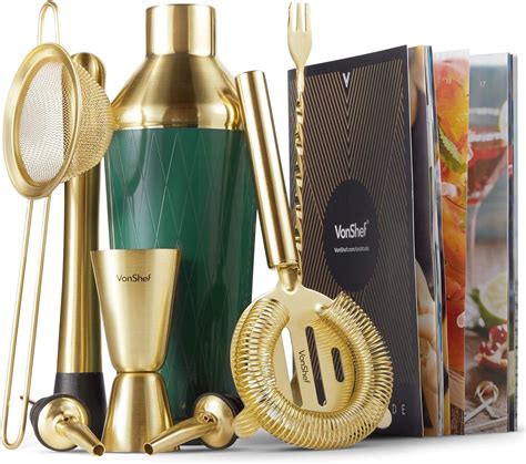 VonShef 9 Piece Cocktail Making Set – Green & Gold Cocktail Set Shaker Kit in Gift Box and ...