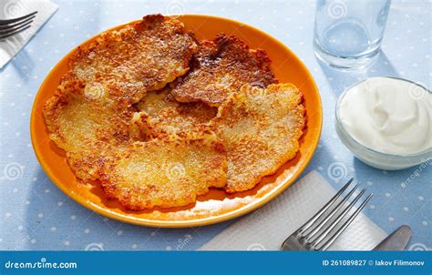 Belarusian Potato Pancakes Draniki with Sour Cream at Plate Stock Image ...