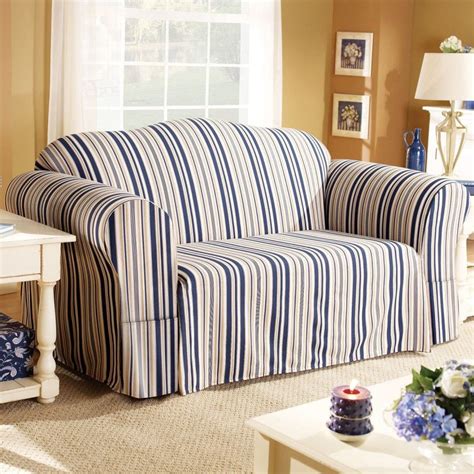 Sure Fit Indigo Blue Stripe Sofa Slipcover (Box Cushion) - 175131339 Multi Striped Furniture ...