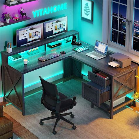 YITAHOME Farmhouse L Shaped Desk With Power Outlets & LED Lights, 60 ...