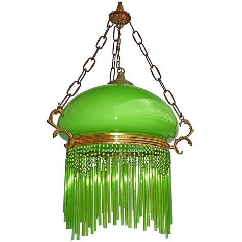 French Art Nouveau and Art Deco Green Glass Shade and Straws Fringe Chandelier For Sale at ...