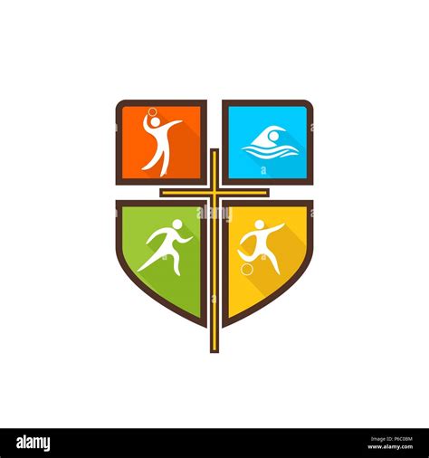 Athletic Christian logo. Various kinds of sports on a multi-colored shield. The cross of Jesus ...