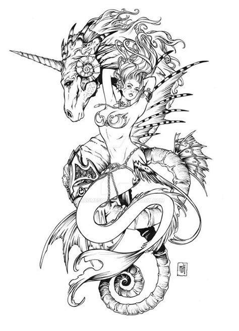 Gorgeous uncolored streaching mermaid and snake-body unicorn tattoo ...