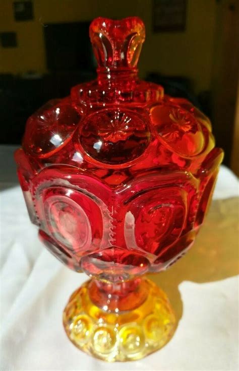 VINTAGE LE Smith Glass Moon & Stars Orange Red Pedestal Candy Compote with Lid #MidCenturyModern ...